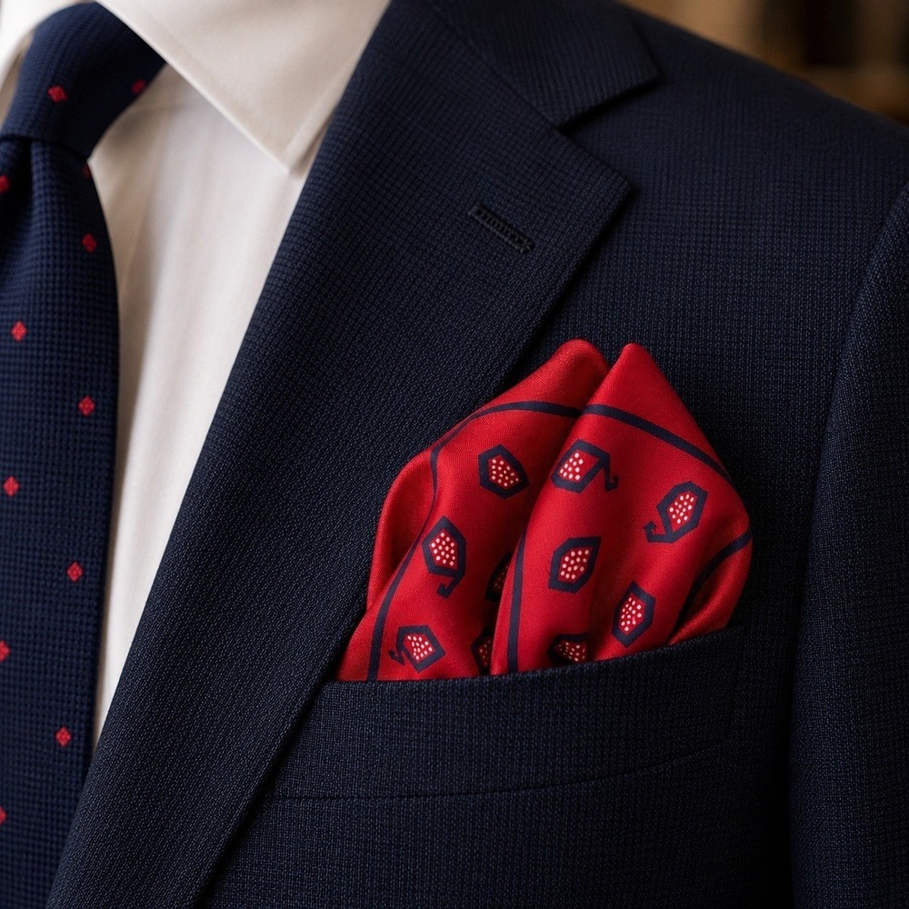 Charvet Place Vendome Silk Pocket Square Red Navy Geometric Novelty Print Mens